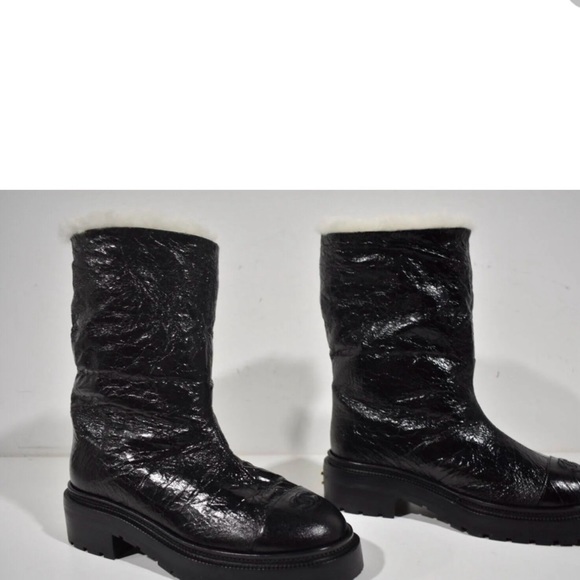 Chanel 20N Black Leather Shearling Fur CC Cap Toe Pull On Ankle Tall Boots - Picture 6 of 6